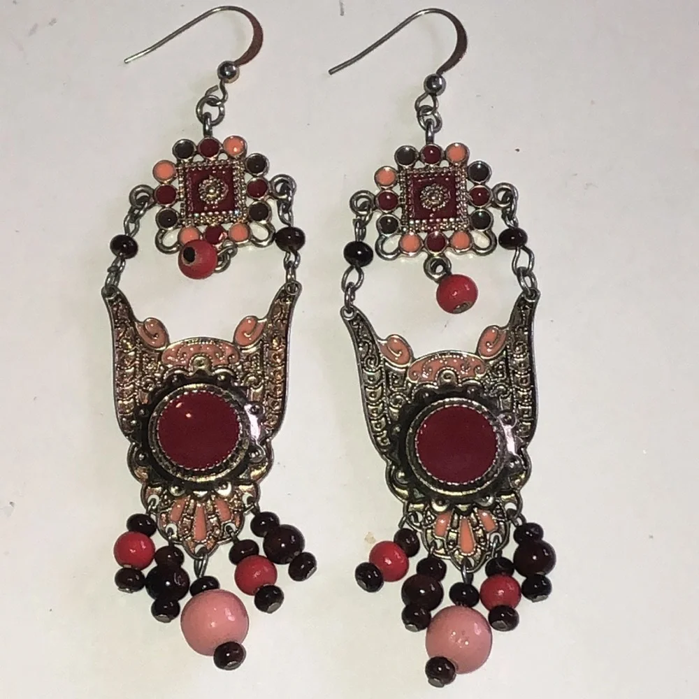 Elegant Red and Pink Beaded Boho Dangle Earrings